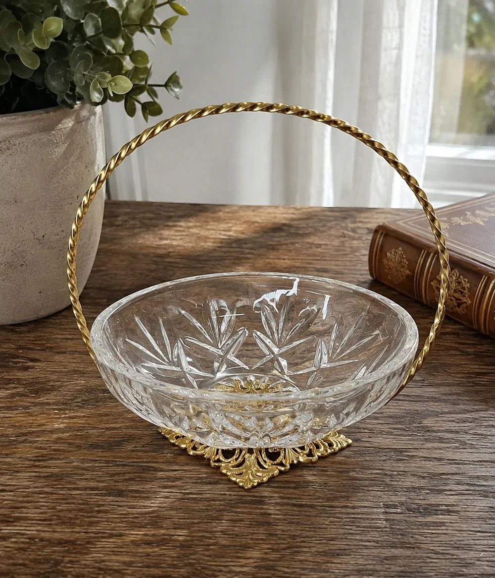 Vintage Cut Glass Basket Gold Tone Filigree Handle Candy Dish Vanity Decor